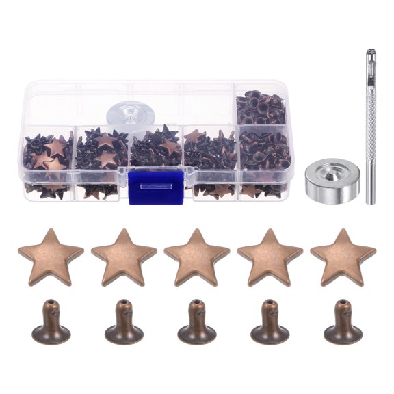 200 Sets Leather Rivets Star Studs for Clothing 12mm with Punch, Red Bronze