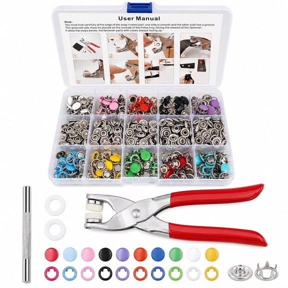 200 Sets Metal Snap Button Kit for Fabric with Fastener Pliers Press Tool, 9.5mm No-Sew Buttons, 10 Colors Solid Prong Snaps & Silver Hollow Prong Snaps for Clothing, Upholstery, Crafts