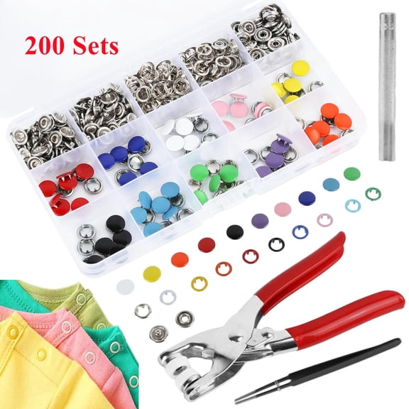 200 Sets Metal Snap Button Kit - Snap on Buttons & Snap Fastener Tool - 9.5mm Colorful Closures for Sewing Clothing Leather Crafting