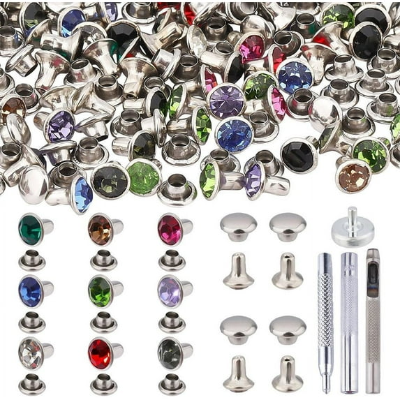 200 Sets Rhinestone Rivets Brass Crystal Rivets Studs with Pieces Setting Tool Kit Colorful Rivets for Leather Craft DIY Making DIY