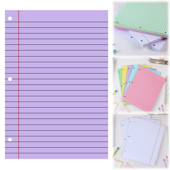 200-Sheet Colored Loose Leaf Paper - 8"x11" College Ruled, 3-Hole Punched for 3-Ring Binders