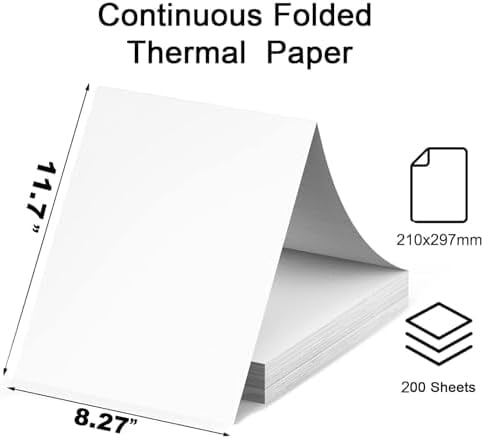 200 Sheets A4 Thermal Paper (Folded), 8.27x11.69' Thermal Paper(210 x 297 mm) for Portable Thermal Printer, Compatible with No Ink Printer, for Travel or Home Work, Printing Contract, Picture, etc