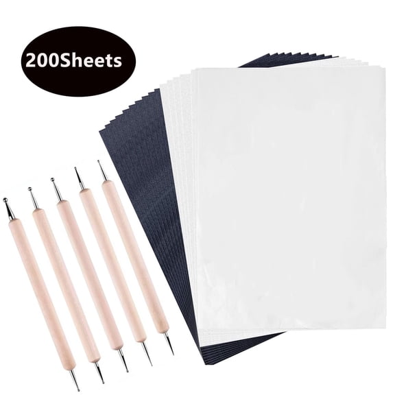 200 Sheets Carbon Paper Graphite Copy Paper Black Carbon Transfer Papers (8 x 11 in) with 5 Pcs Embossing Styluses Dotting Tools for Adult/Kids(Black,White)