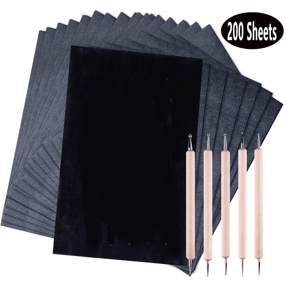 200 Sheets Carbon Paper Graphite Copy Paper Black Carbon Transfer Tracing Papers (8.4 x 11.5 in)with 5 Pcs Embossing Styluses Dotting Tools(Black)