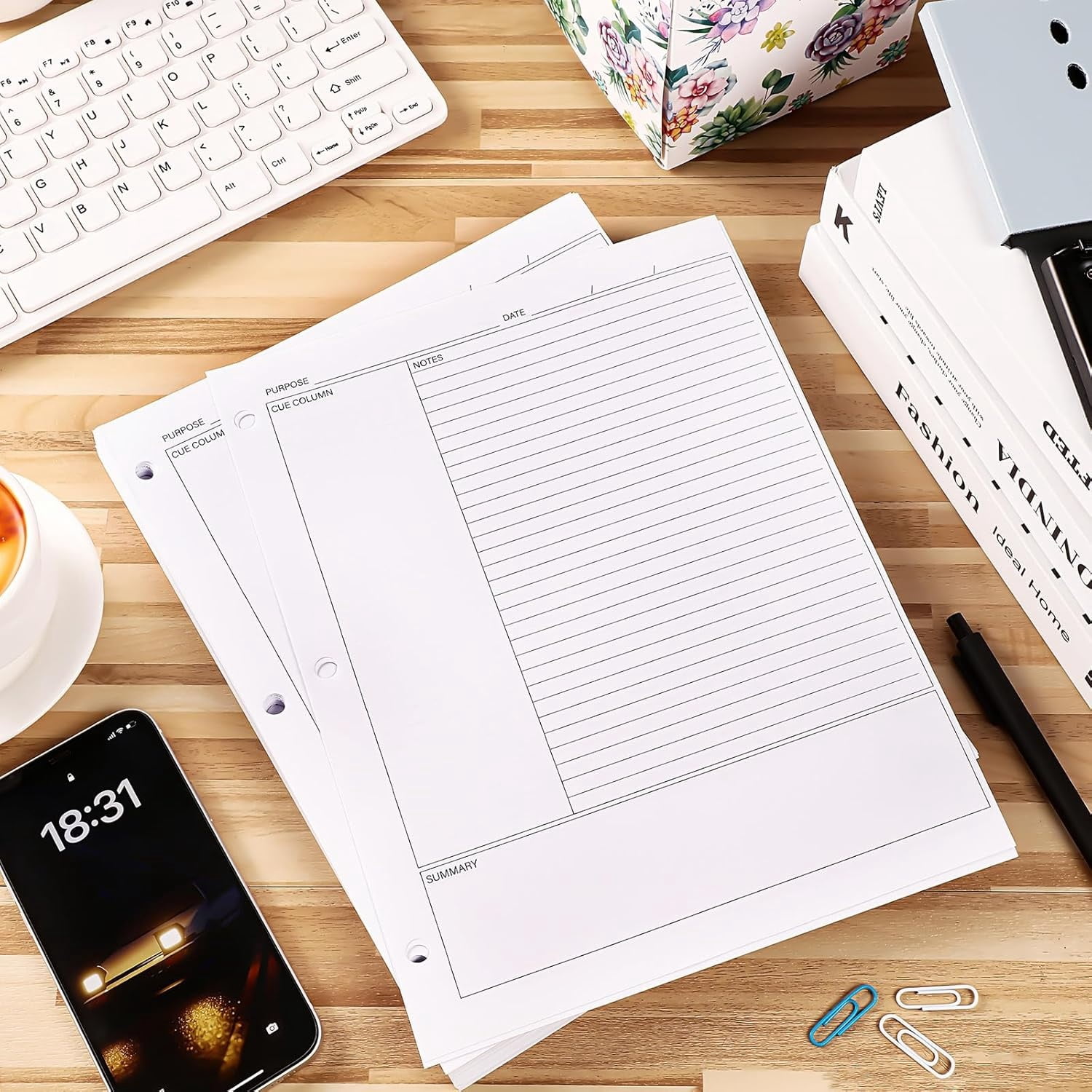 200 Sheets Cornell Notes Loose Leaf Paper, 8.5 x 11 Inch, 3 Hole Punch (White)