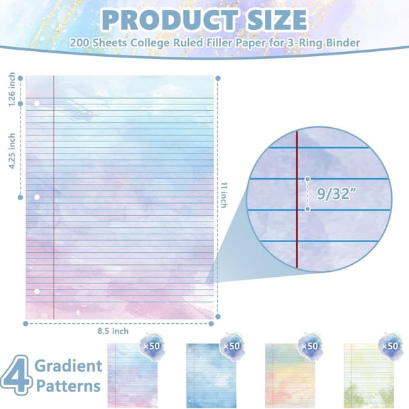 200 Sheets Letter Size Colored Loose Leaf Paper For 3-Ring Binder 8.5" 11" Colored Lined Filler Notebook Paper 3-Hole Punched Watercolor 80gsm