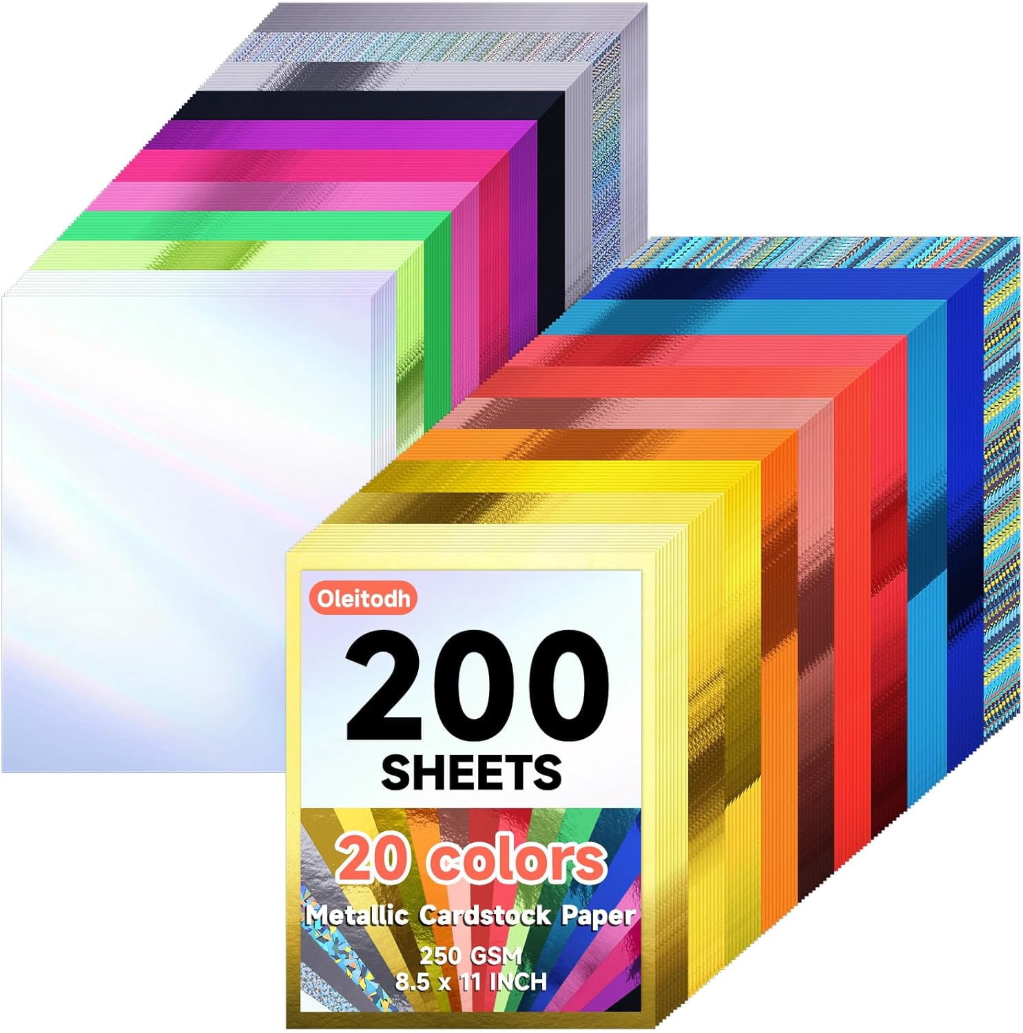 200 Sheets Metallic Mixed Cardstock Paper Bulk 20 Colors,Foil Board Paper 8.5" x 11", Mirror Finish Surface, Assorted Mixed Glitter Paper 250gsm for Crafting Card Making Invitations Decorations