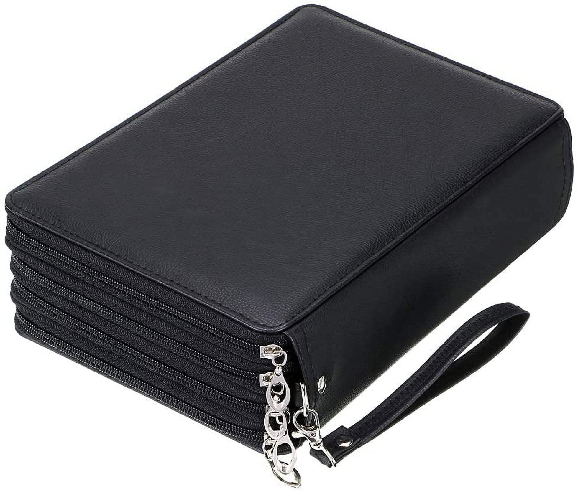 200 Slots Colored Pencil Organizer - Deluxe PU Leather Pencil Case Holder with Removal Handle Strap Pencil Box Large for Colored Pencils Watercolor Pencils (Black)