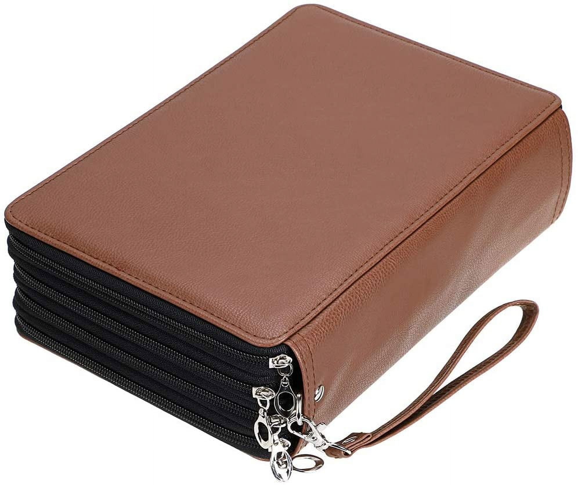 200 Slots Colored Pencil Organizer - Deluxe PU Leather Pencil Case Holder with Removal Handle Strap Pencil Box Large for Colored Pencils Watercolor Pencils Brown