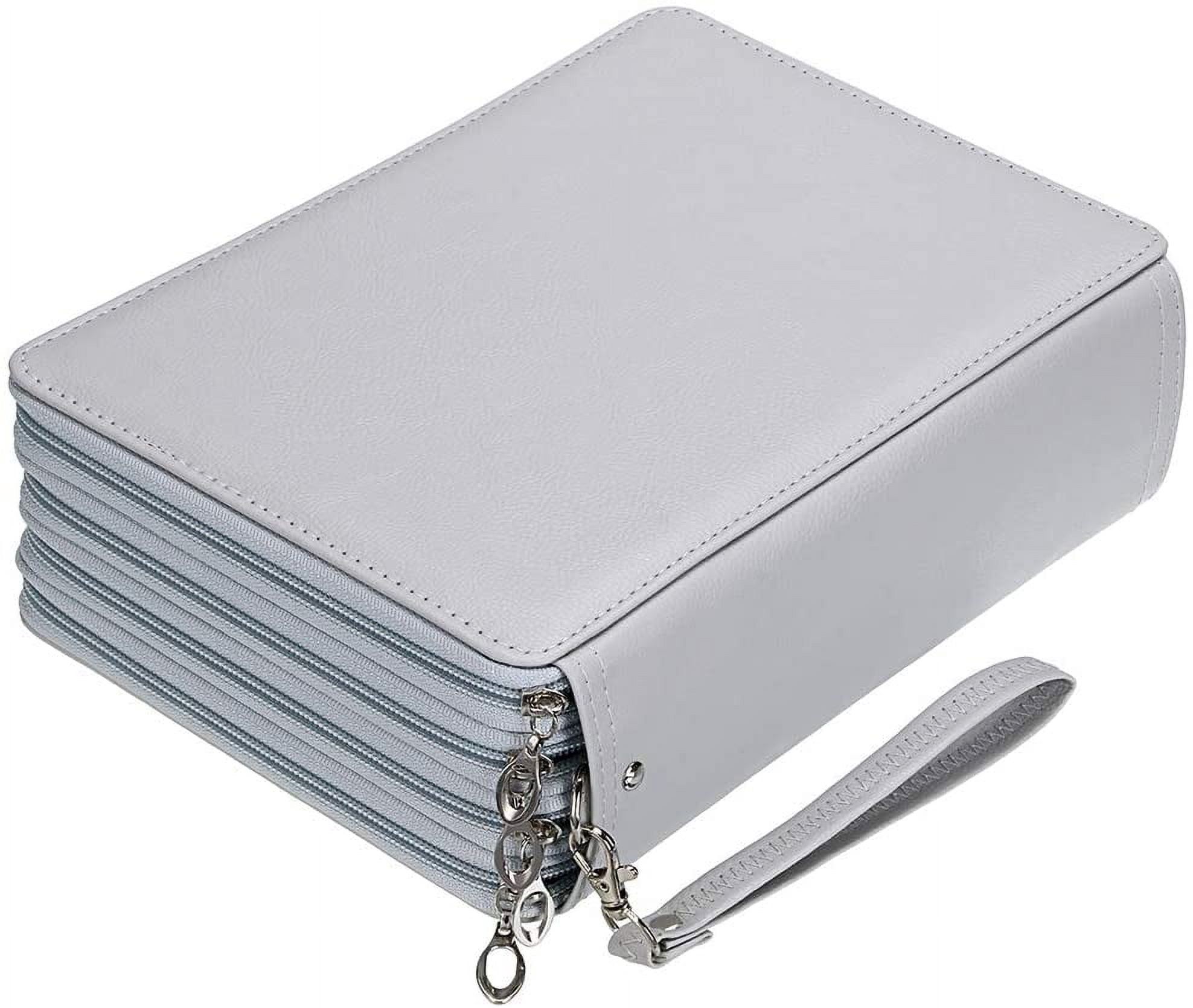 200 Slots Colored Pencil Organizer - Deluxe PU Leather Pencil Case Holder With Removal Handle Strap Pencil Box Large for Colored Pencils Watercolor Pencils Grey