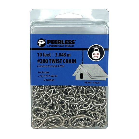 #200 Twist Chain with 4 S-Hooks, 10 feet, Peerless Chain Company #4840510, Nickel finish