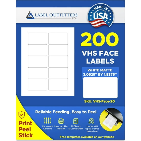 200  VHS Video Tape Face Labels, 20
