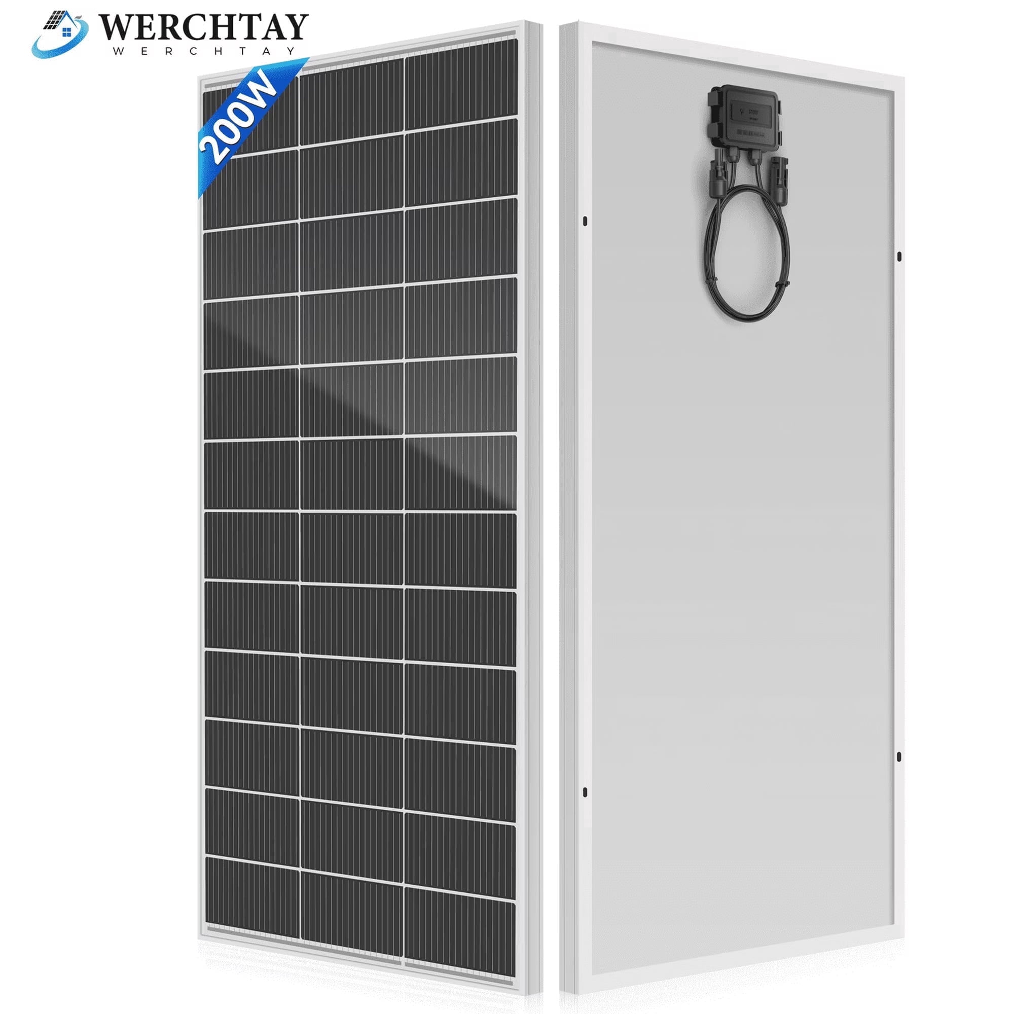 WERCHTAY 200W Solar Panel, High-Efficiency 18BB Monocrystalline Module, 12V PV Power Charger for RV, Marine, Home Backup and Off-Grid Systems