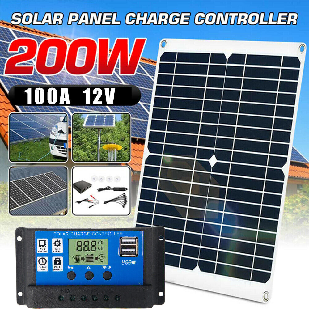 200 Watts Solar Panel Kit 100A 12V Battery Charger w/Controller + LED ...