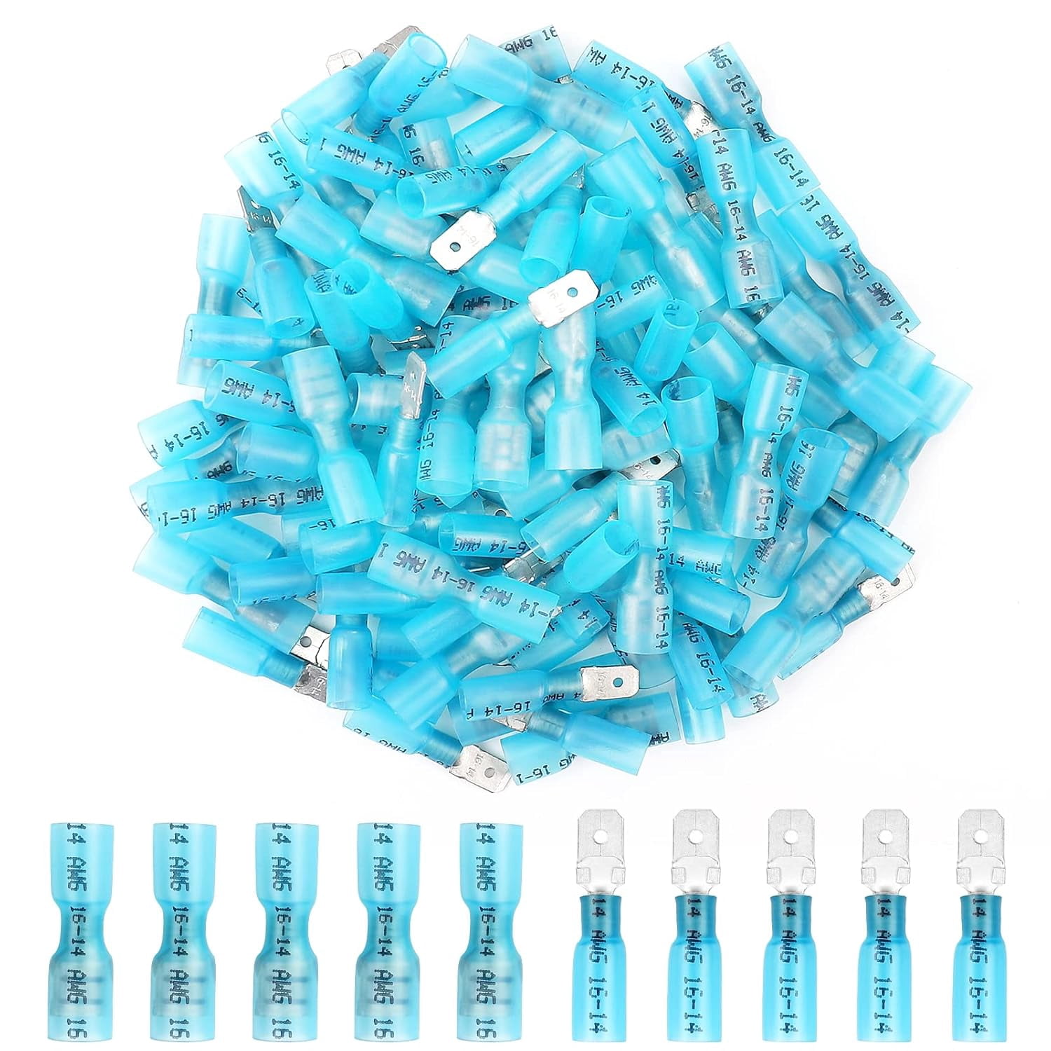200 blue heat-shrink knife-shaped terminals, male and female knife-shaped terminals, heat-shrink knife-shaped terminals (16-14 AWG)