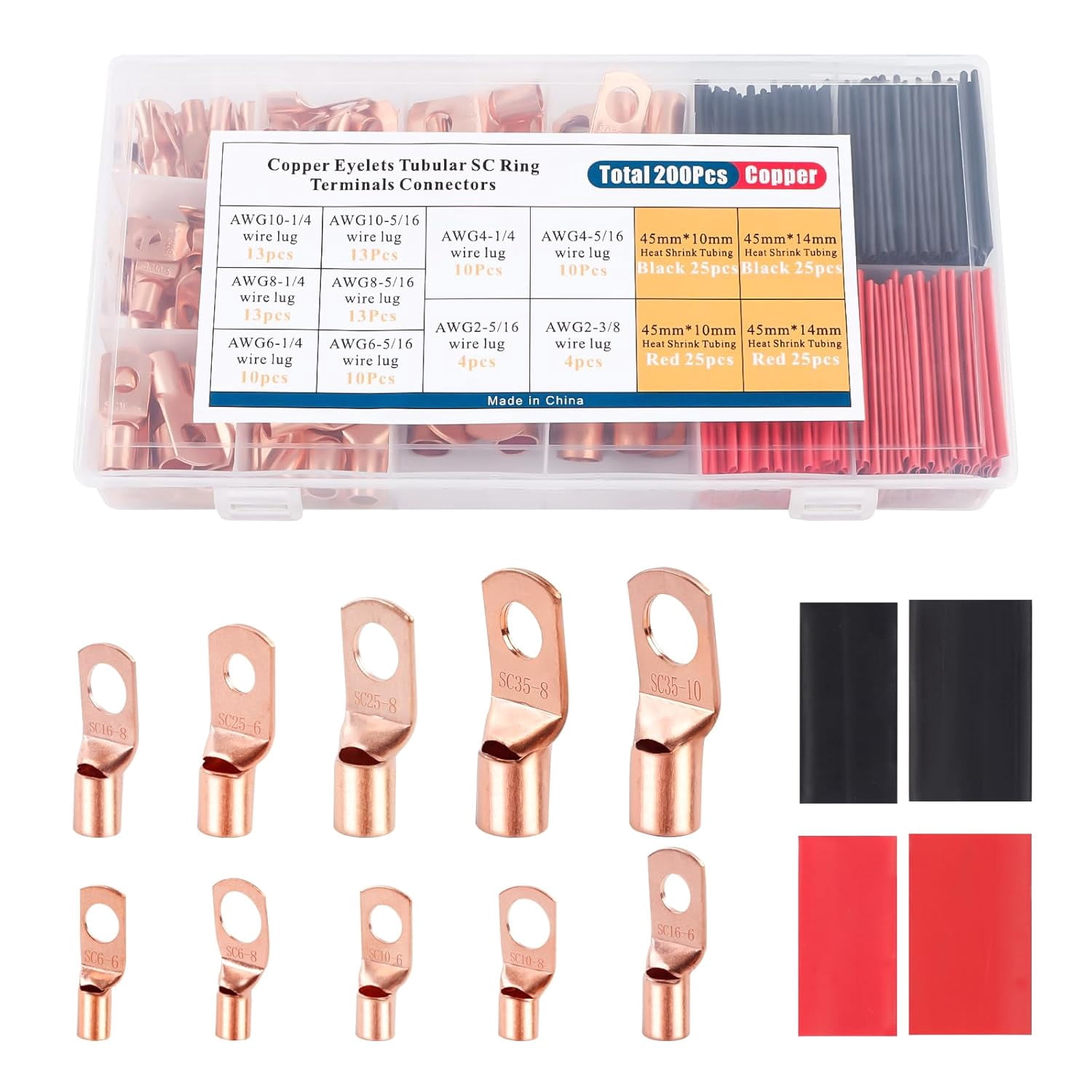 200 copper wire terminals 12108642 with heat shrink tube set, battery cable end ring terminals connector, crimp terminals suitable for automotive, marine, solar, inverter and audio applications