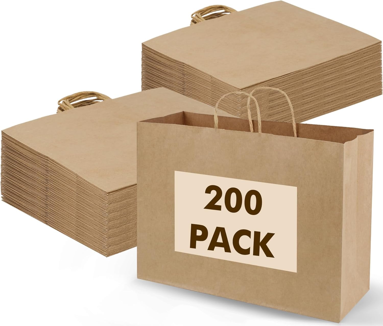 200 count 16x6x12 Inch Brown Paper Bags with Handles, Large Paper Bags ...