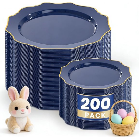 200 count Blue Plastic Plates - Navy Blue Plates Disposable - Heavy Duty Plastic Plate for Weddings/Parties/Birthday/Passover/Easter