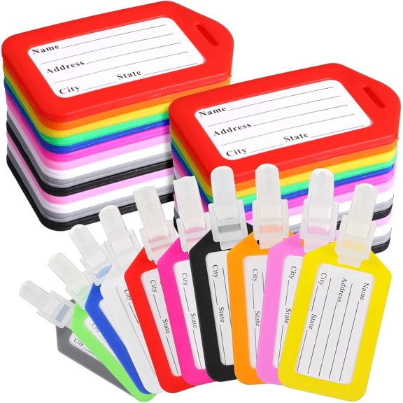 200 count Luggage Tags, 10 Color Plastic Baggage ID Tags Pack Name with Blank Inserts for Suitcases, Backpacks, and Travel Bags Multicolor