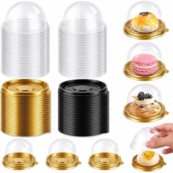 200 count Mini Cake Containers, Clear Plastic Cupcakes Containers Muffin Mooncake Holder, Mini Cupcake Boxes with Dome Lid for Cheese Pastry Dessert Mooncake (100 ,100 Black)