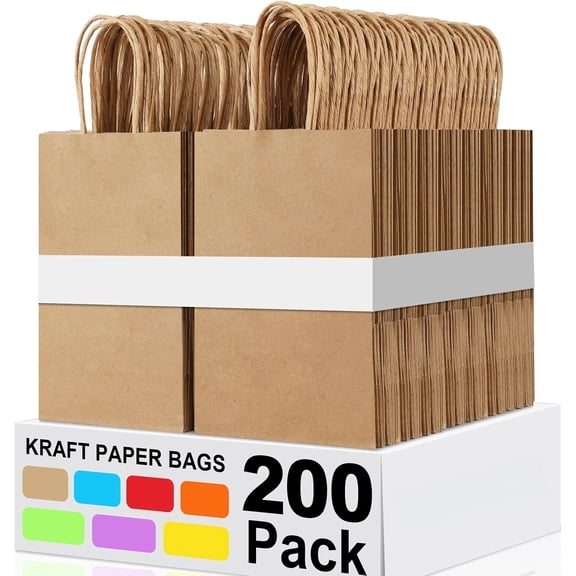 200 count Paper Bags 5.25x3.25x8.25'', Wrap Bags with Handles Brown Paper Bags for Small Business Paper Bags for Birthday Party Favors Shopping Retail