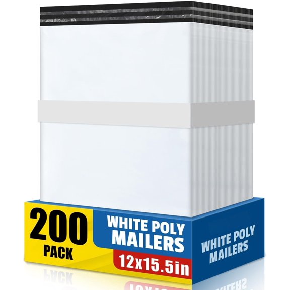 200 count Poly Mailers Shipping Bags 12x15.5 Inch Packaging Clothes Polymailers Envelopes Mailing Package Self Seal Shipping Envelopes Poly Bags Small Business Supplies Package White