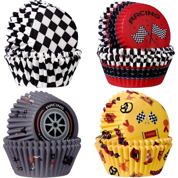 200 count Racing Cupcake Liners, Black White Checkered Flag Paper Baking Cups Standard Size Muffin Wrappers Candy Nut Containers for Shower Race Themed Birthday Party DIY Craft