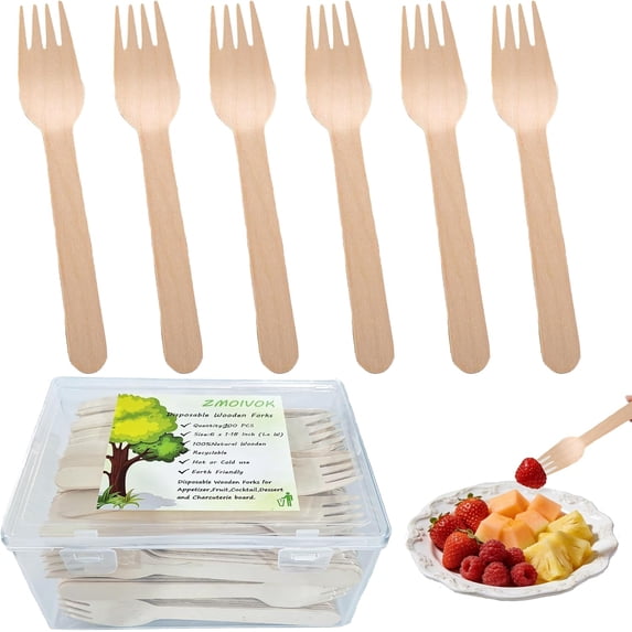 200 disposable wooden forks, 6 inches deli food biodegradable forks, eco-compostable cutlery, long wooden forks suitable for fruit desserts party picnic forks (200 pack)