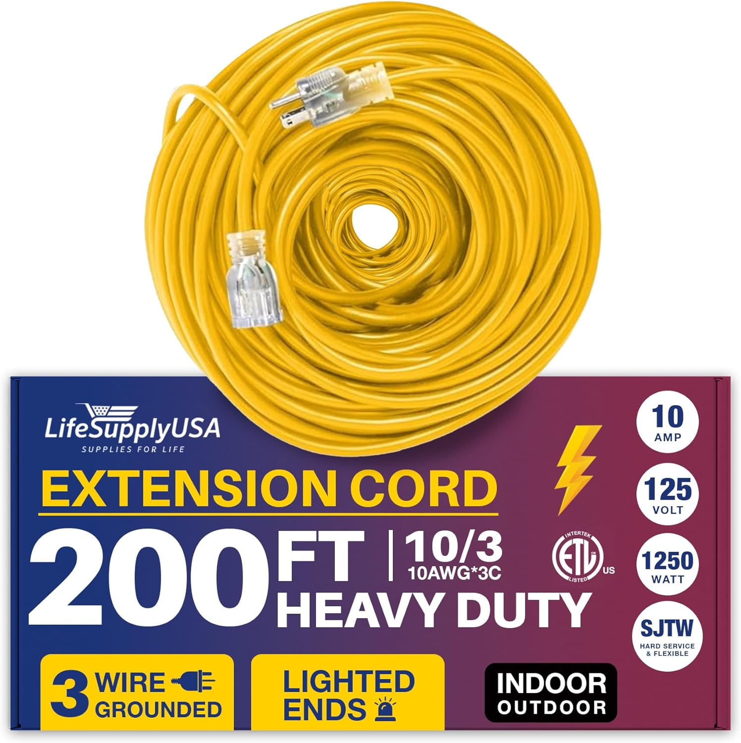 200 ft Power Extension Cord, Indoor Outdoor, Heavy Duty, 3 Prong SJTW