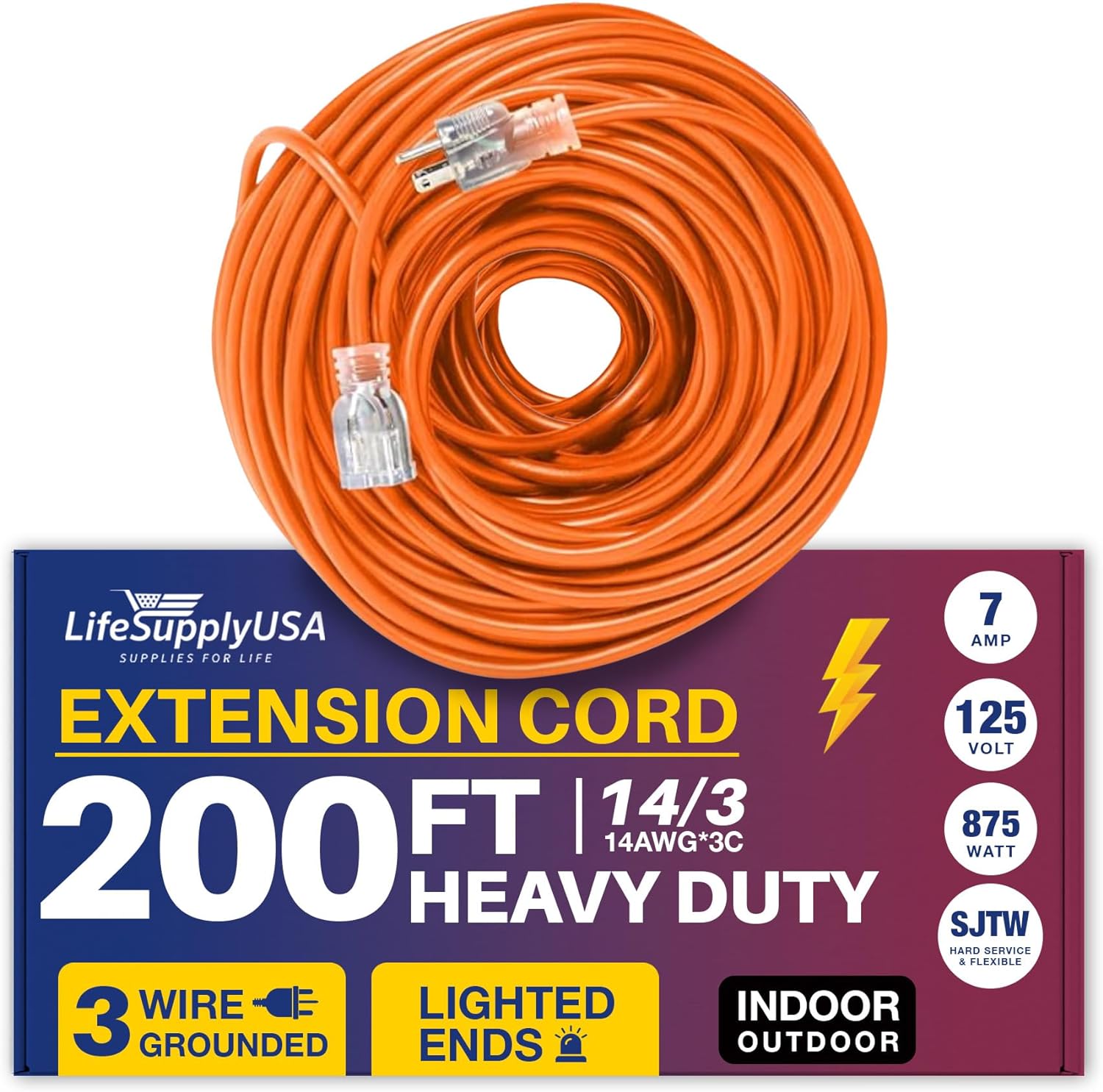 200 ft Power Extension Cord, Indoor Outdoor, Heavy Duty, 3 Prong SJTW