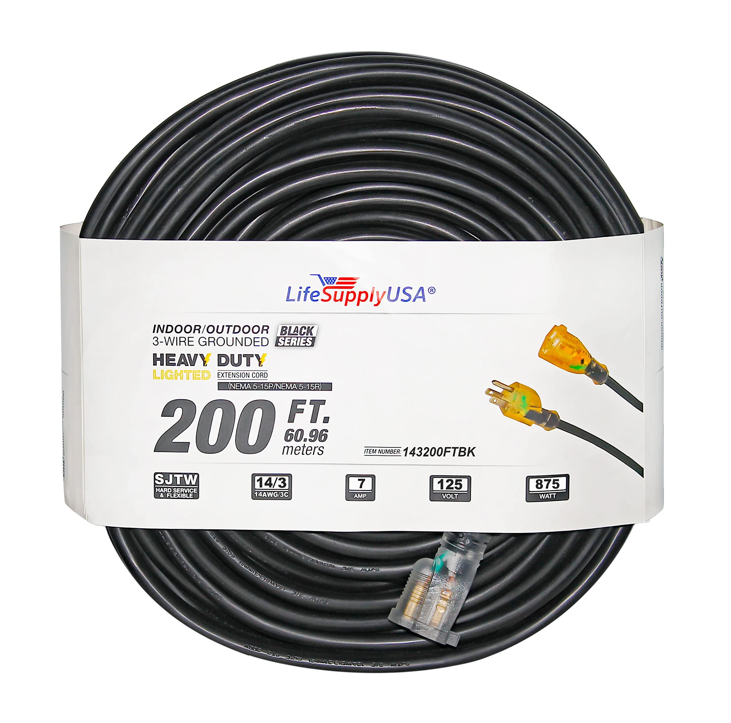 200 ft Power Extension Cord Outdoor  Indoor Heavy Duty 14 gauge/3 prong  SJTW (Black) Lighted end Extra Durability AMP 125 Volts 875 Watts by  LifeSupplyUSA