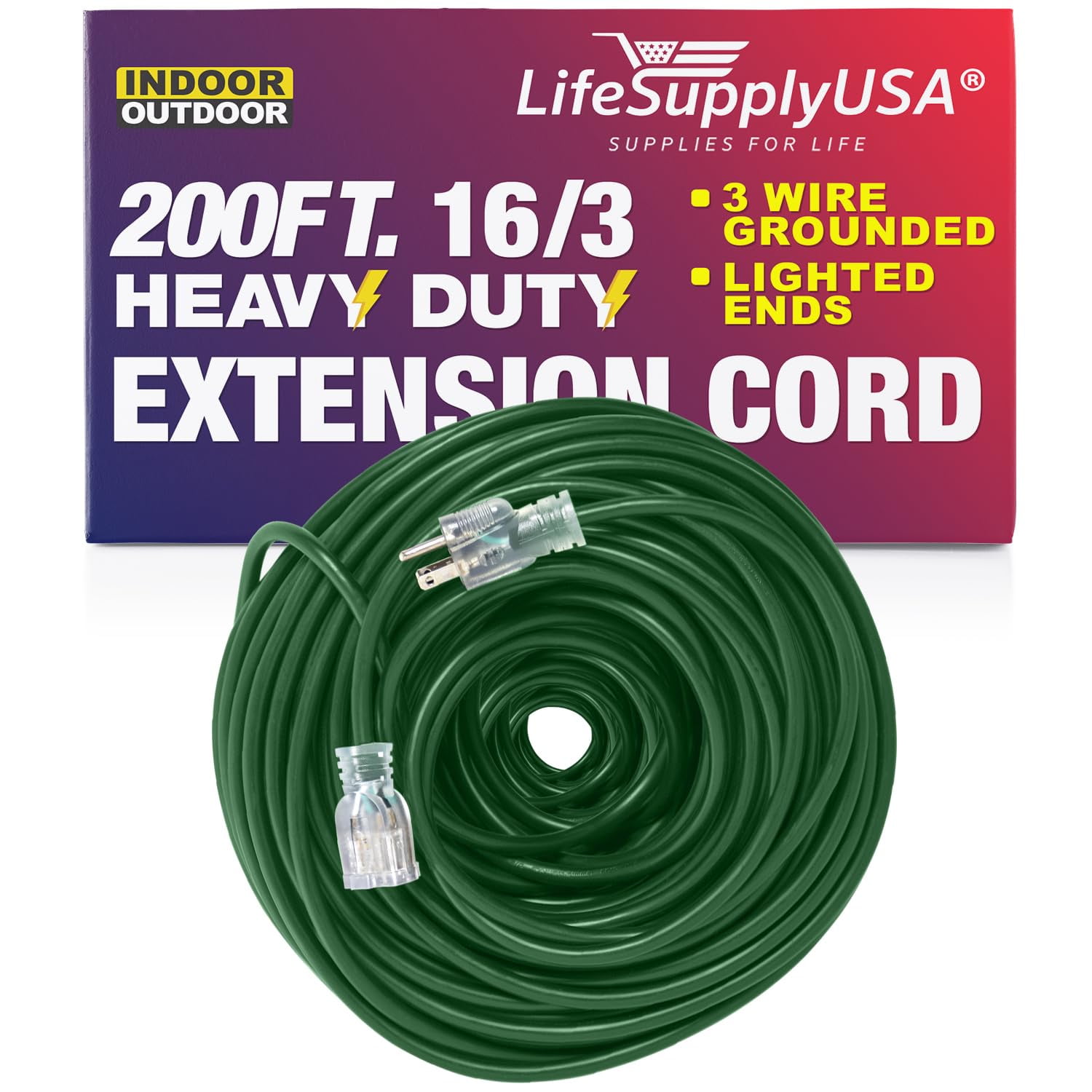 200 ft Power Extension Cord Outdoor & Indoor Heavy Duty 16 gauge/3