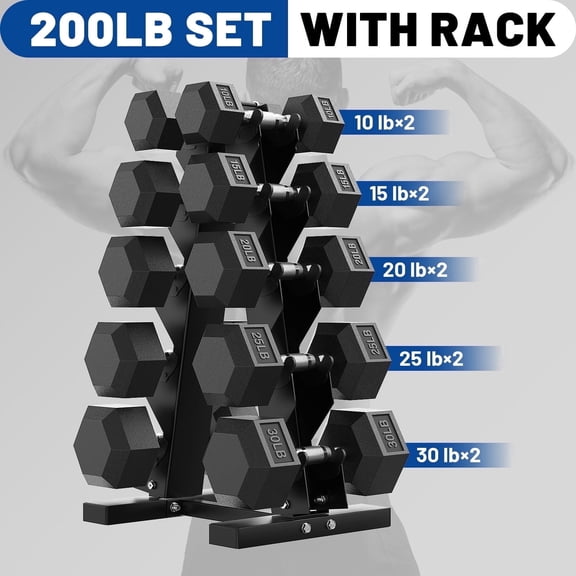 ROALW 200 LB Hex Dumbbell Set with Rack (10-30 LB Pairs), Home Gym