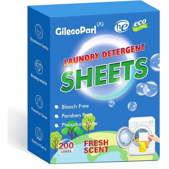 200-loads Eco Laundry Detergent Sheets - Fresh Scent - for Home/Travel/Apartment/Dorm - Plastic Free Liquidless Laundry Detergent Strips - 200 Count