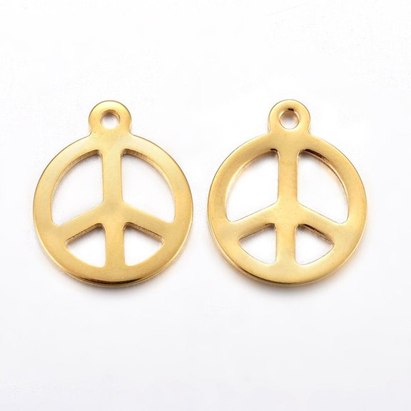 200 pc 201 Stainless Steel Pendants Peace Sign Real 18K golden Plated 15x12.5x1mm Hole: 1.4mm