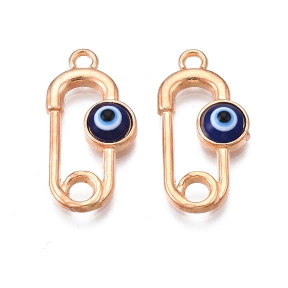 200 pc Alloy Enamel Pendants Light golden Cadmium Free Lead Free Safety Pin Shape with Evil Eye Dark Blue 23x11.5x4mm Hole: 1.6mm