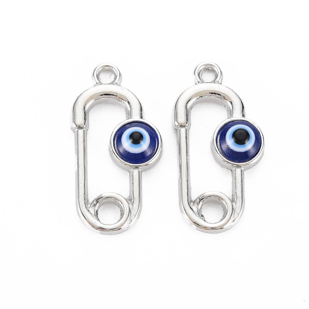200 pc Alloy Enamel Pendants Platinum Cadmium Free & Lead Free Safety Pin Shape with Evil Eye Dark Blue 23x11.5x4mm Hole: 1.6mm