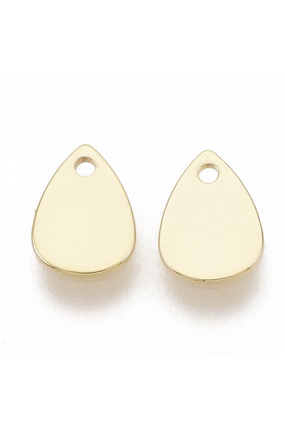 200 pc Brass Charms Blank Stamping Tag Nickel Free Real 18K golden Plated Teardrop 7x5x0.6mm Hole: 0.9mm