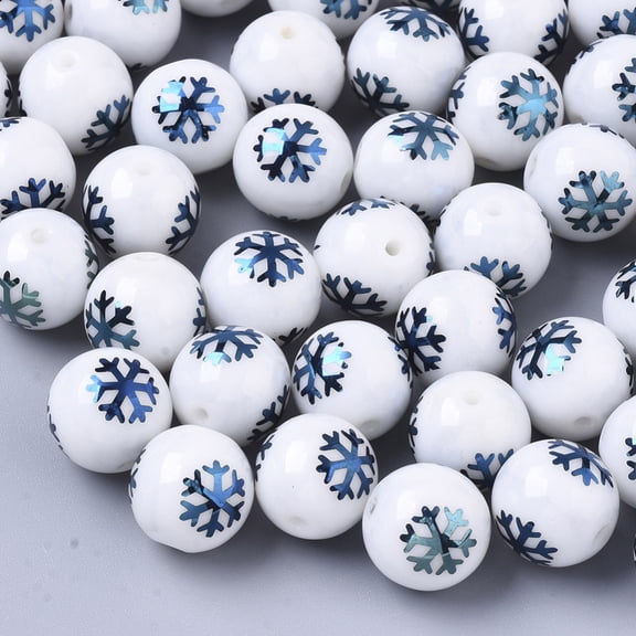 200 pc Christmas Opaque Glass Beads Round with Electroplate Snowflake Pattern Blue Plated 10mm Hole: 1.2mm