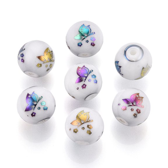 200 pc Electroplate Glass Beads Round with Butterfly Pattern Multi-color Plated 10mm Hole: 1.2mm