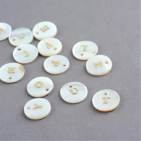 200 pc Freshwater Shell Pendants Flat Round with Gold Blocking Letter Random Mixed Letters 11.5x2mm Hole: 1.5mm