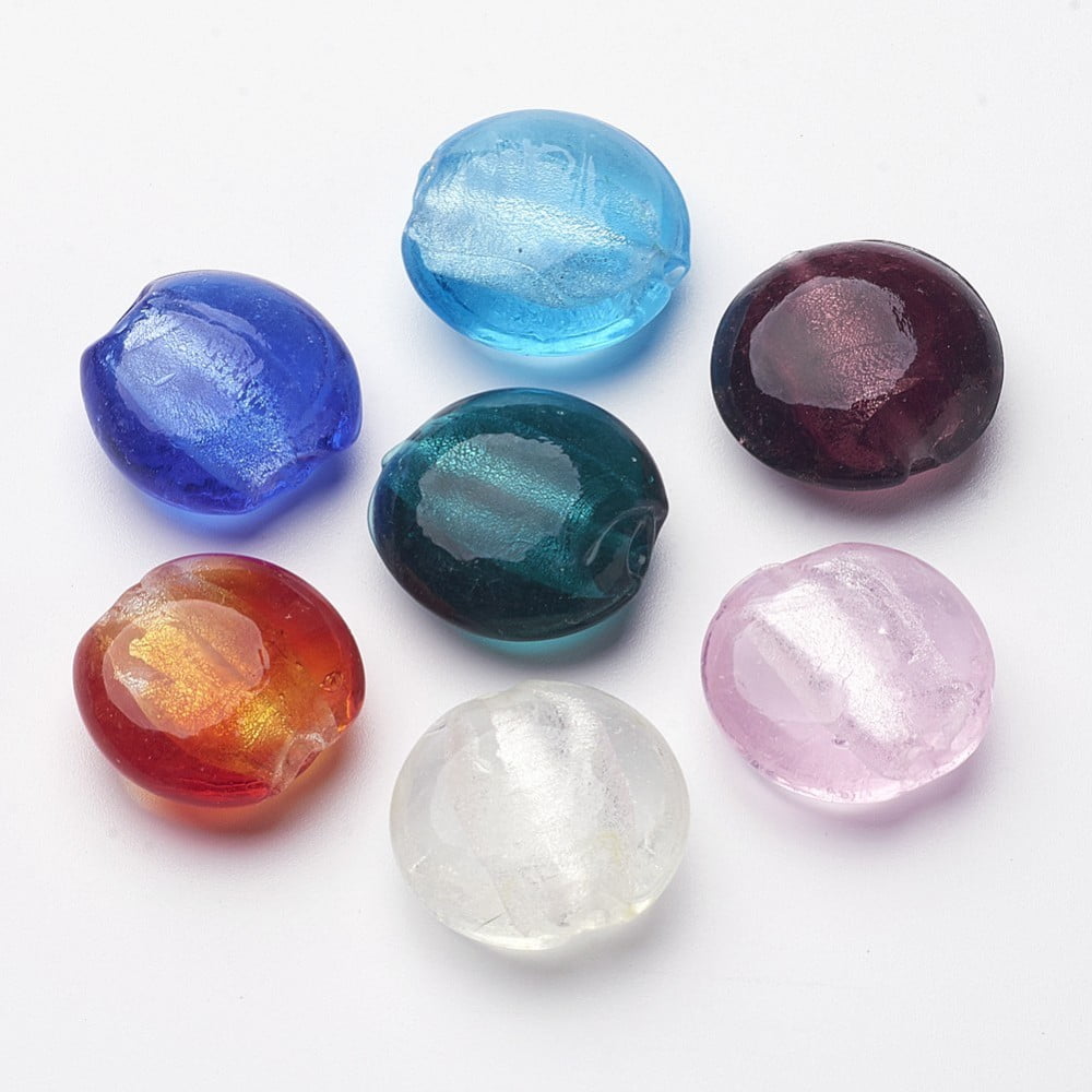 200 pc Handmade Silver Foil Glass Beads Flat Round Mixed color 20mm in diameter 10mm thick hole: 2mm