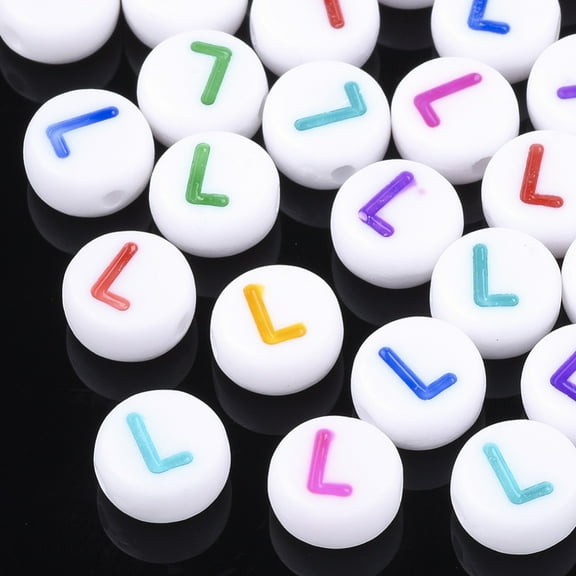 200 pc Initial Acrylic Beads Horizontal Hole Flat Round Mixed Color Letter.L 7x3.5~4mm Hole: 1.2mm