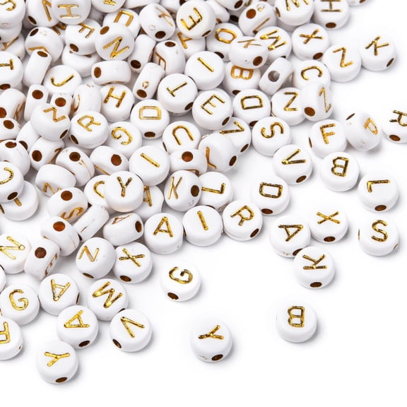 200 pc Plating Acrylic Beads Metal Enlaced Horizontal Hole Mixed Letters Flat Round Golden Plated 7x4mm Hole: 1.8mm