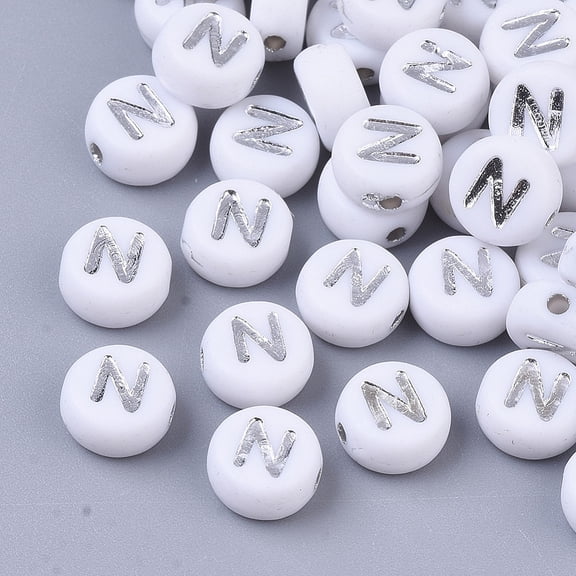 200 pc Plating Acrylic Beads Silver Metal Enlaced Horizontal Hole Flat Round with Letter White Letter.N 7x4mm Hole: 1.2mm