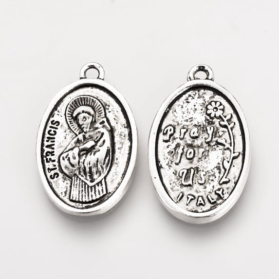 200 pc Tibetan style Alloy Pendants ST. FRANCIS OF ASSISI MEDAL Oval Cadmium Free Lead Free Antique Silver 25x15.5x2.5mm Hole: 1.5mm