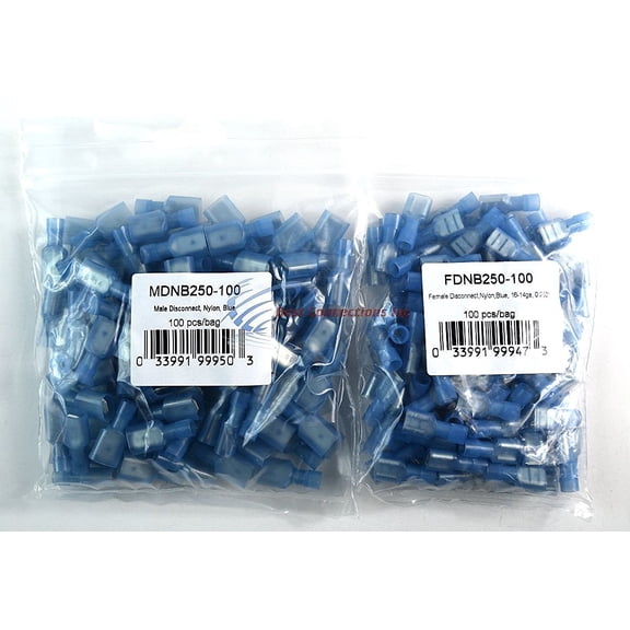 200 pcs 16-14 AWG QUICK DISCONNECTS (100) MALE / (100) FEMALE BLUE SPADE CONN.