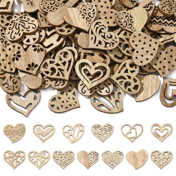 200 pcs Mixed Styles Hollow Heart Undyed Wood Cutout Sweet Love Wood Slices for Valentine's Day Present DIY Printing Art Craft Home Embellishments