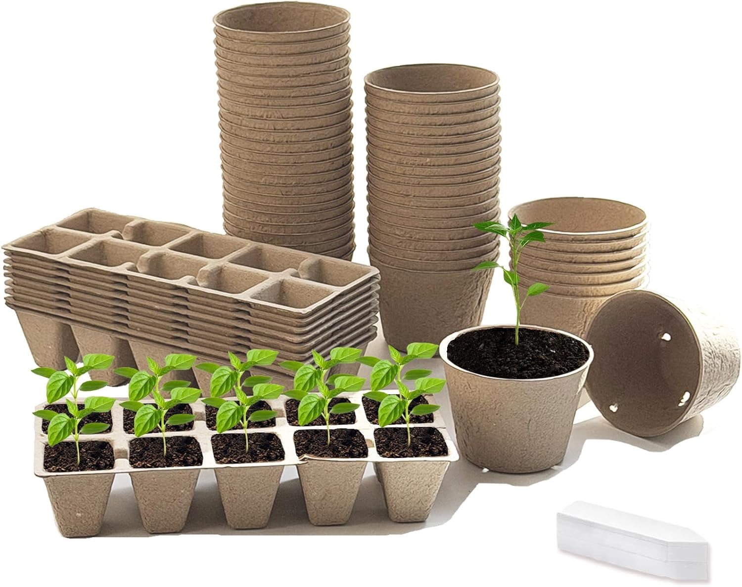 200 pcs Seed Starter Pots Kits Include 50pcs 4 Inch Peat Pots with Drainage Holes 100 Cells 2 Inch Seedling Starter Trays and 50 Pcs Plant Labels Outdoor Garden Germination Nursery Pots
