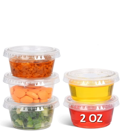 [200 sets - 2oz] Disposable Plastic Souffle / Portion Cups with Lids Bulk Perfect for Shot Glasses, Condiments, Toppings, Dressings, Sampling